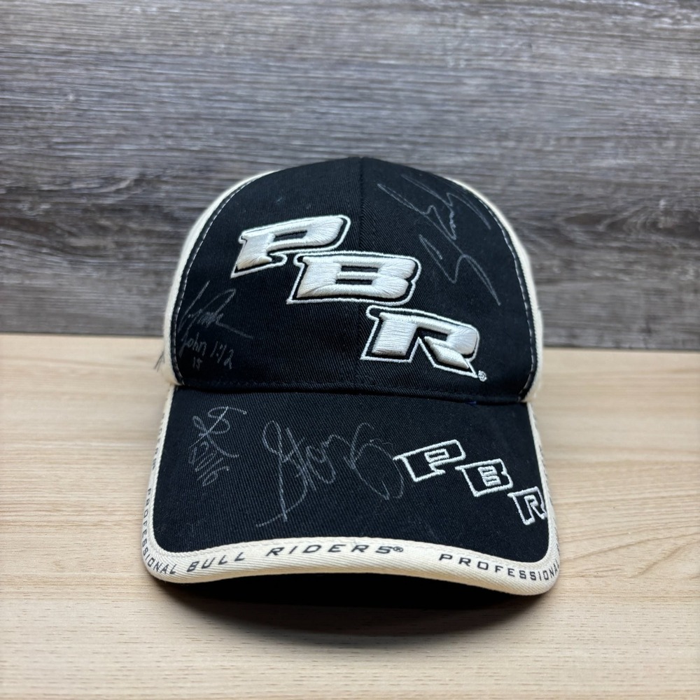 PBR Professional Bull Riders Hat Cap Strap Back Black Beige Signed Autograph